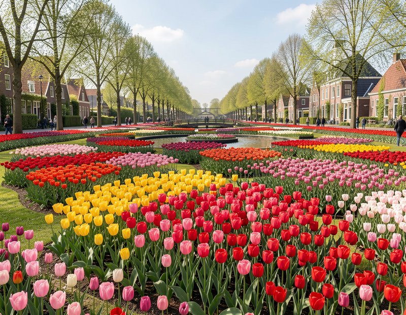 Rows of vibrant multicolored tulips bloom in a manicured Dutch spring garden with a central pond and tree-lined paths