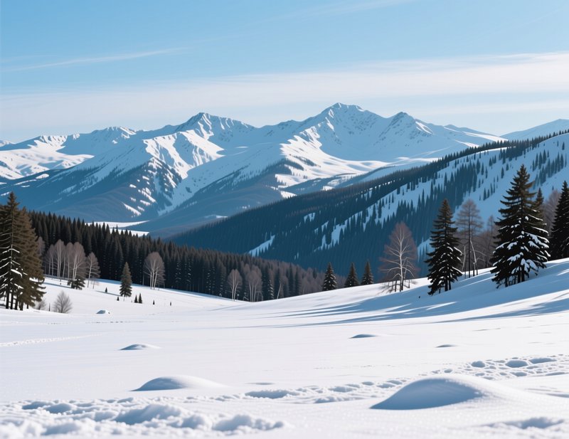 Sunlit snow-covered alpine landscape with pine trees and distant snowy mountain peaks under a clear blue sky