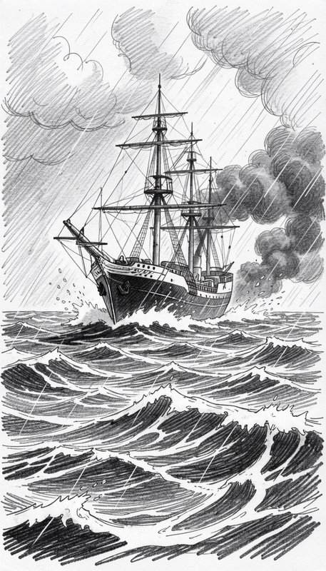 Three-masted historic tall ship sails through choppy stormy ocean waves in heavy rain
