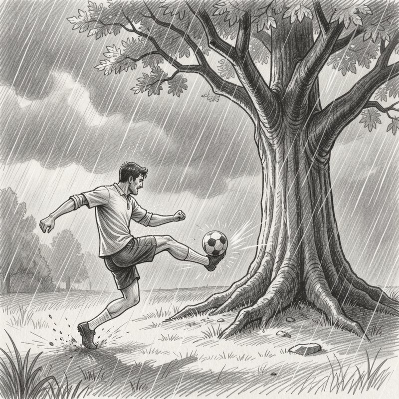 Man kicking a soccer ball beside a large tree while heavy rain falls on a grassy field
