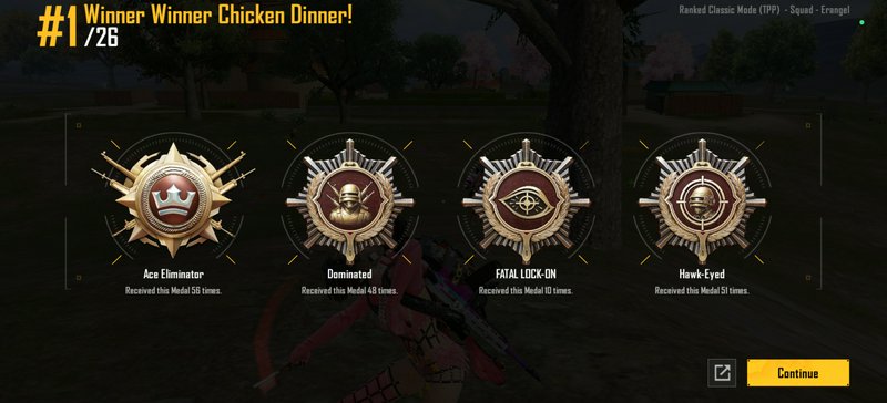 PUBG #1 Winner Winner Chicken Dinner post-match screen showing 4 earned gameplay achievement meda...