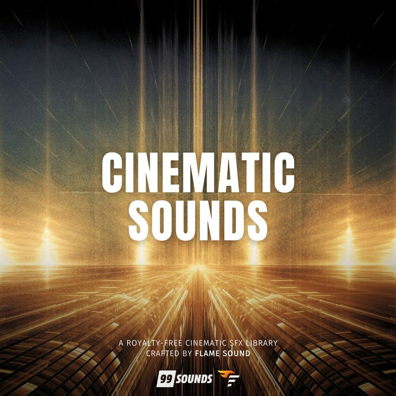 Cinematic Sounds SFX library album cover, glowing golden radial futuristic light background with ...