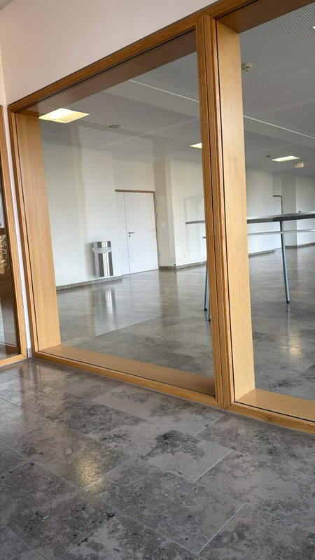 Empty unfurnished modern office viewed through light wood framed glass partition walls