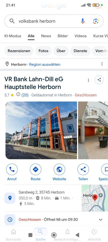 Mobile screenshot showing Google search results for the VR Bank main branch in Herborn, Germany