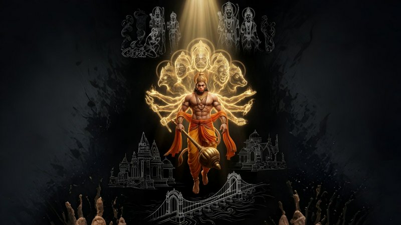 Lord Hanuman holds his golden mace, with a glowing multi-headed divine virat swaroop behind him o...