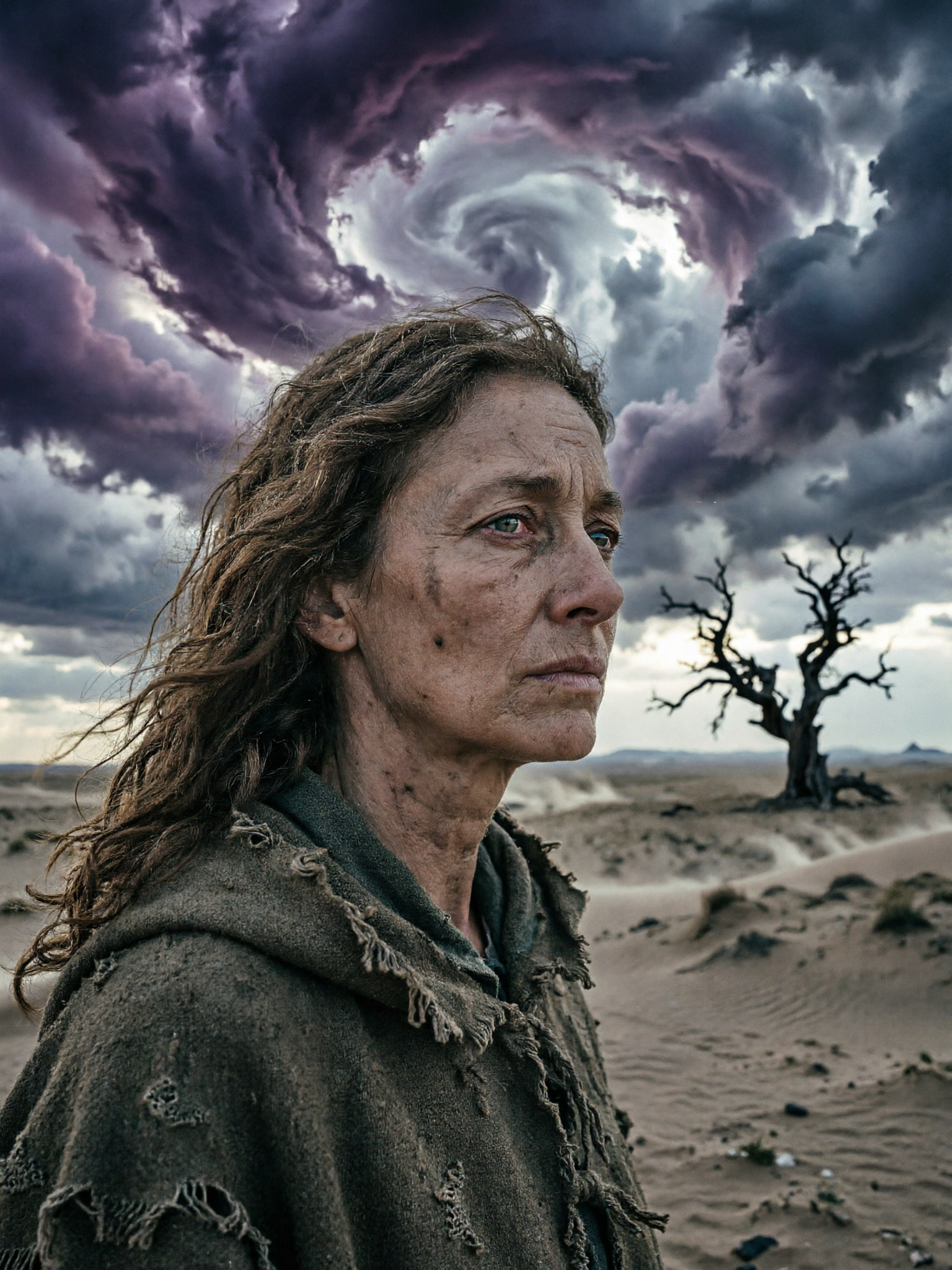 Weathered woman in a tattered cloak stands in a desolate desert under dramatic storm clouds.