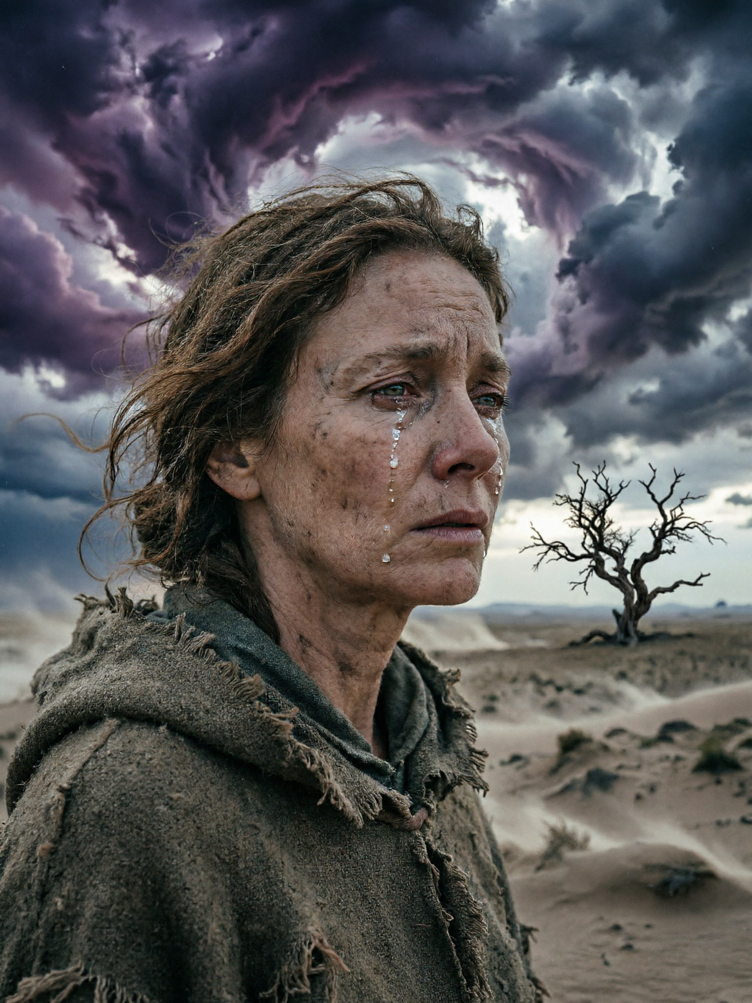 Weathered woman in a torn cloak stands in a desolate desert with dark storm clouds overhead