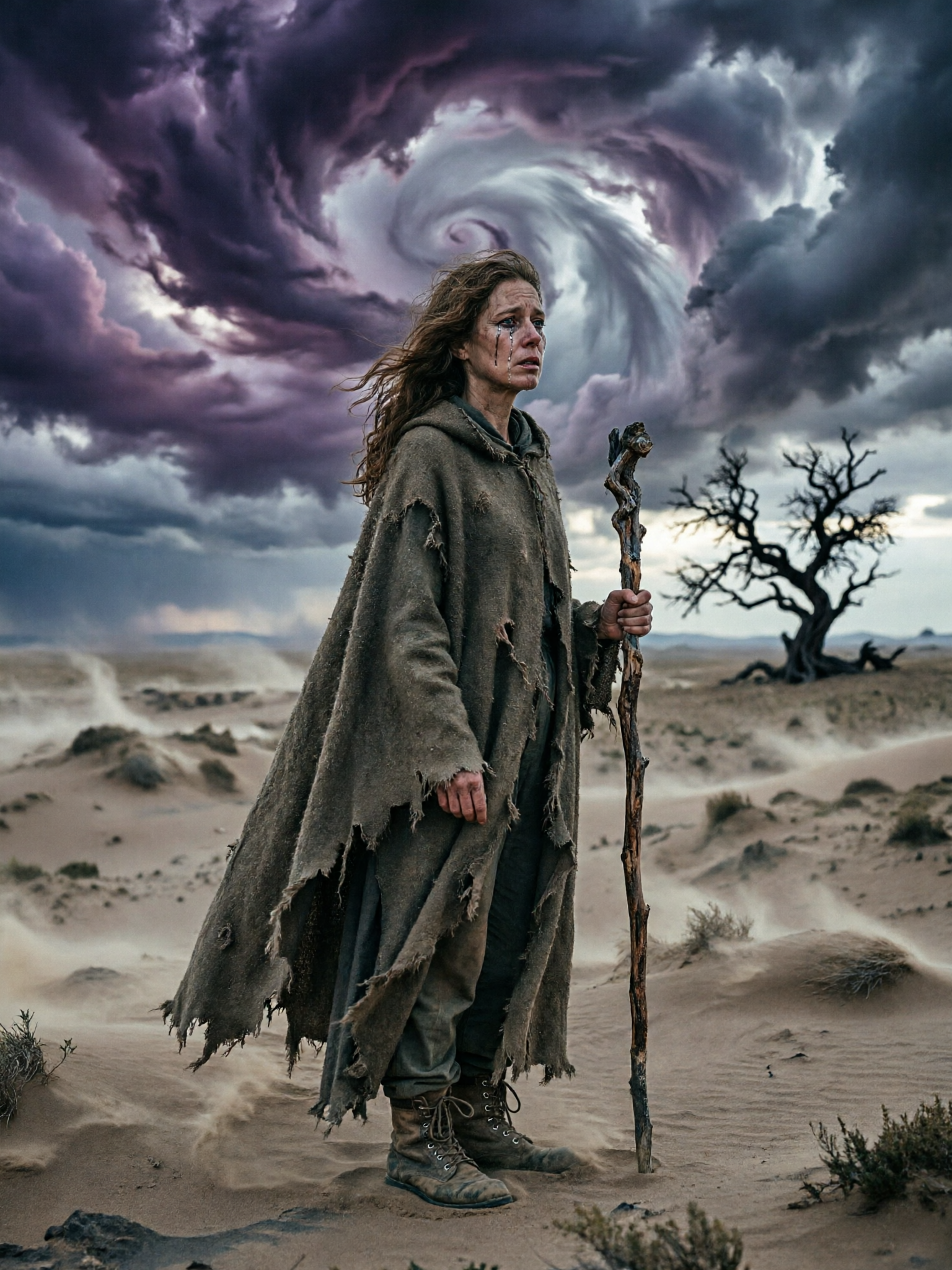 Woman in torn cloak with a staff in a desert as a storm vortex swirls above her.