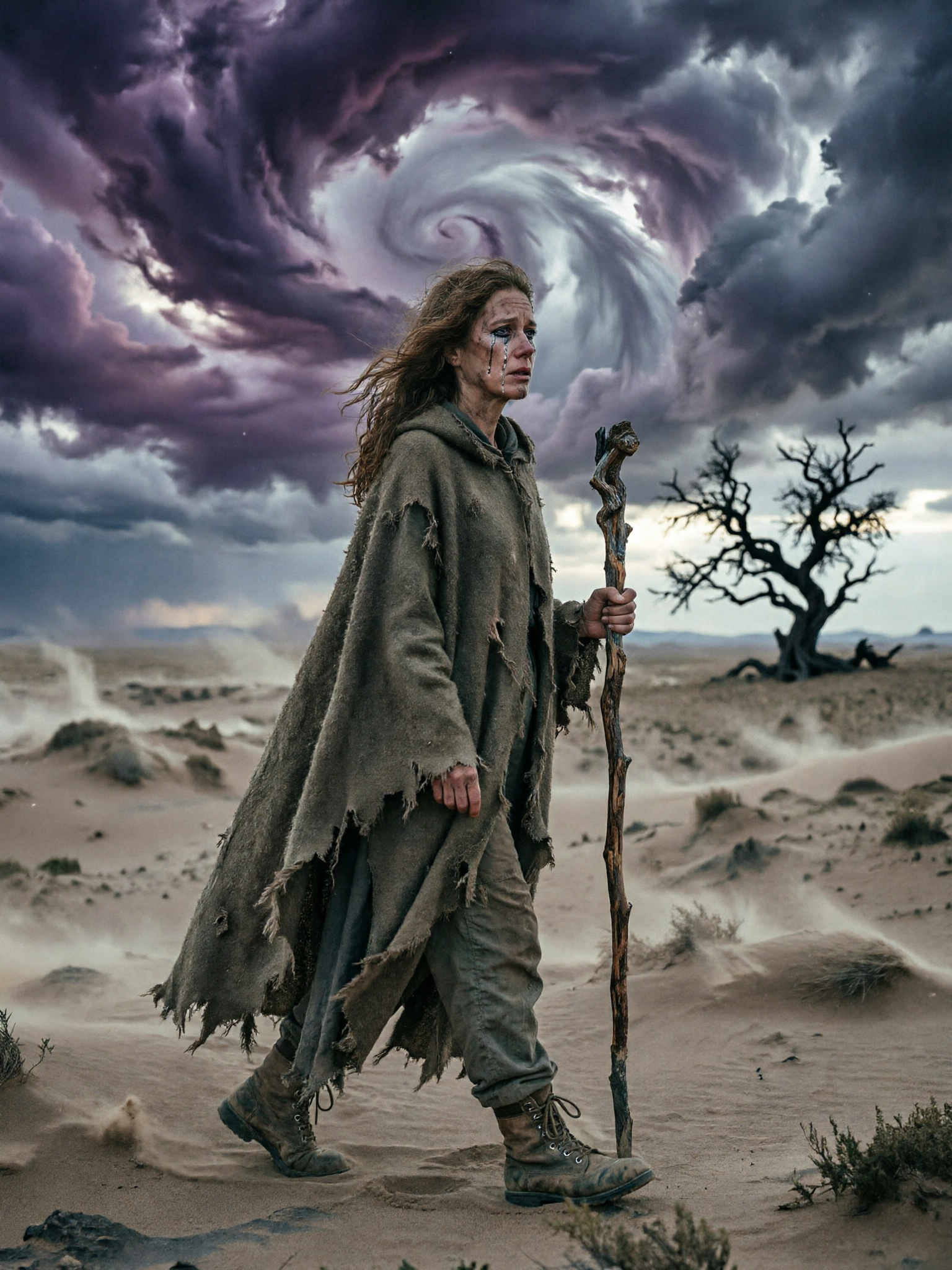 Woman in tattered cloak with a wooden staff walks a barren desert as a swirling storm vortex looms above.