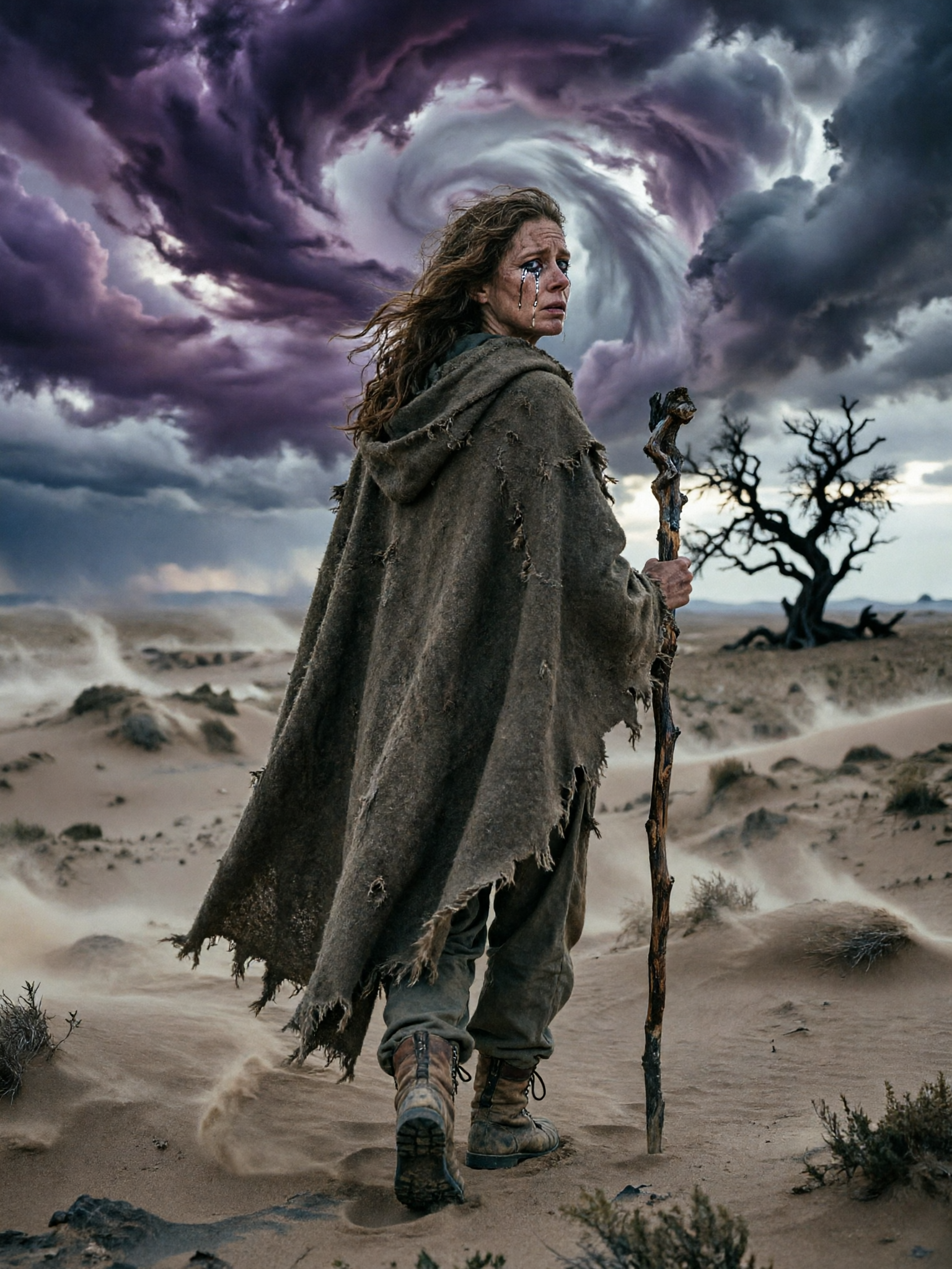 A rugged traveler in a torn cloak strides through a windswept desert under a swirling stormy sky, gripping a wooden staff.
