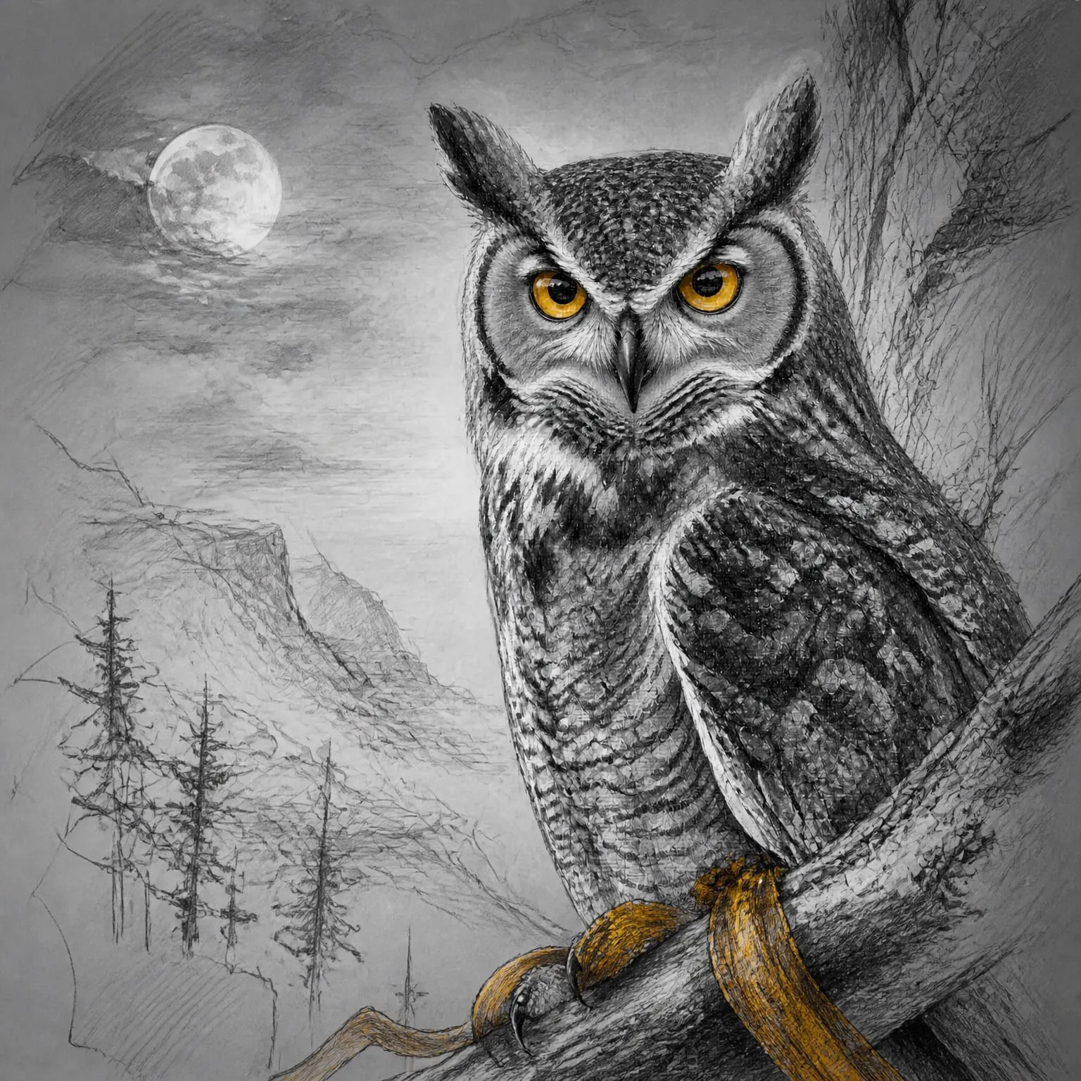 Detailed pencil drawing of an owl perched on a branch under a moonlit landscape.