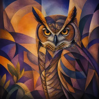 Geometric owl painting with warm orange and purple hues and piercing eyes.