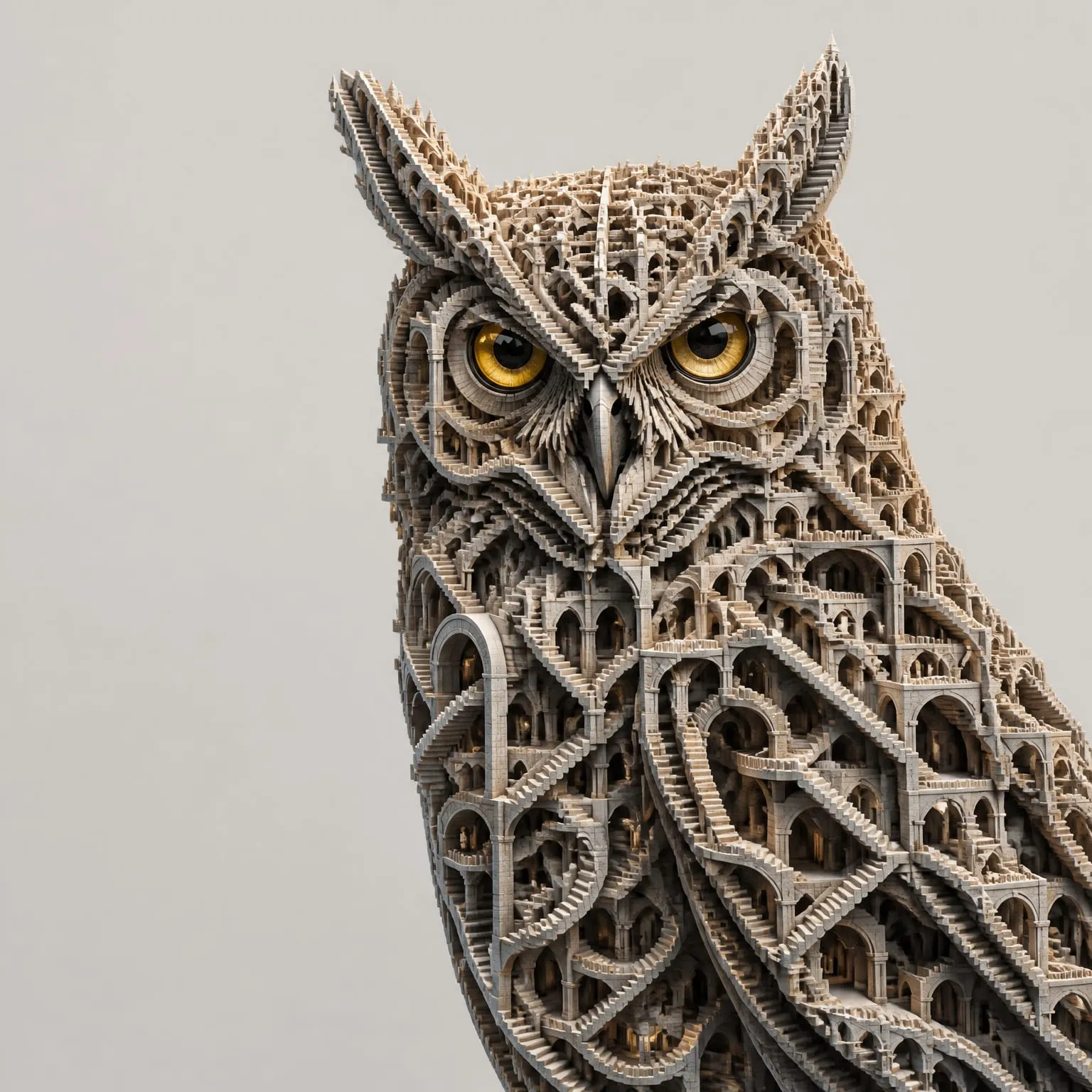 Intricate owl sculpture built from countless interwoven staircases and arches.