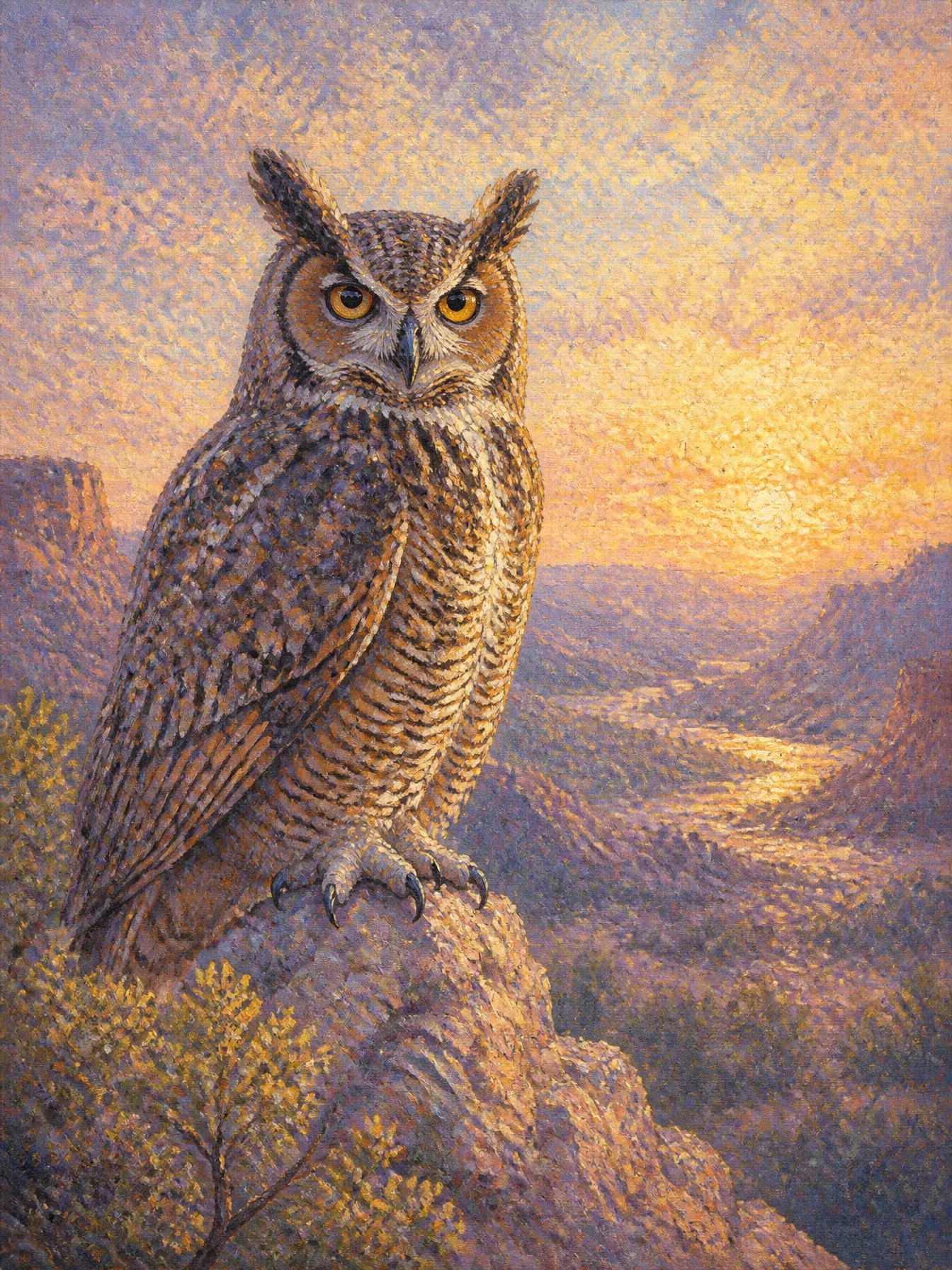 Great horned owl perched on a rocky cliff at sunset over a canyon landscape