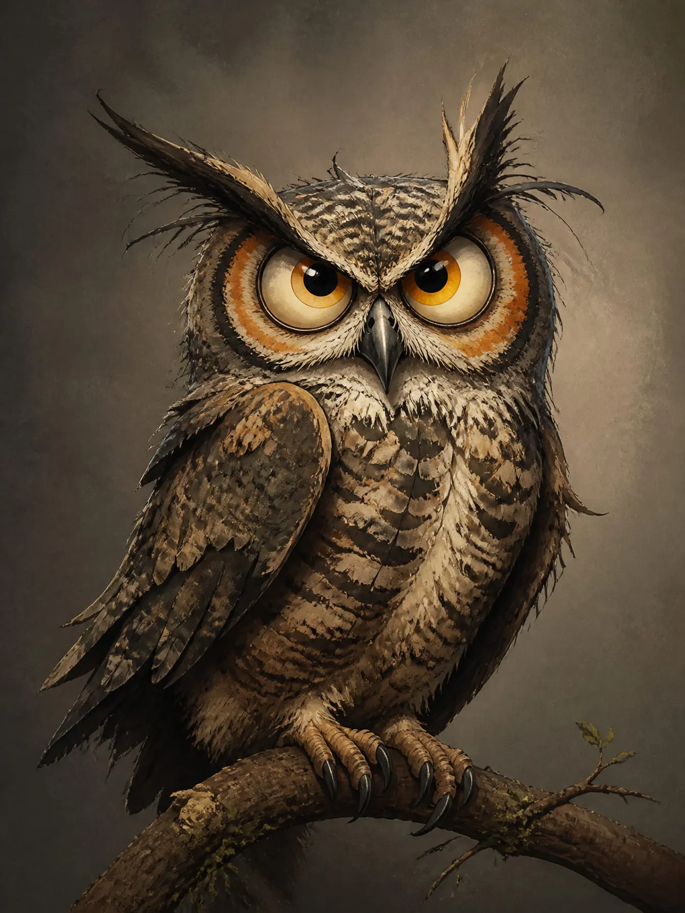 Illustrious owl perched on a branch with piercing amber eyes and dramatic feather detail
