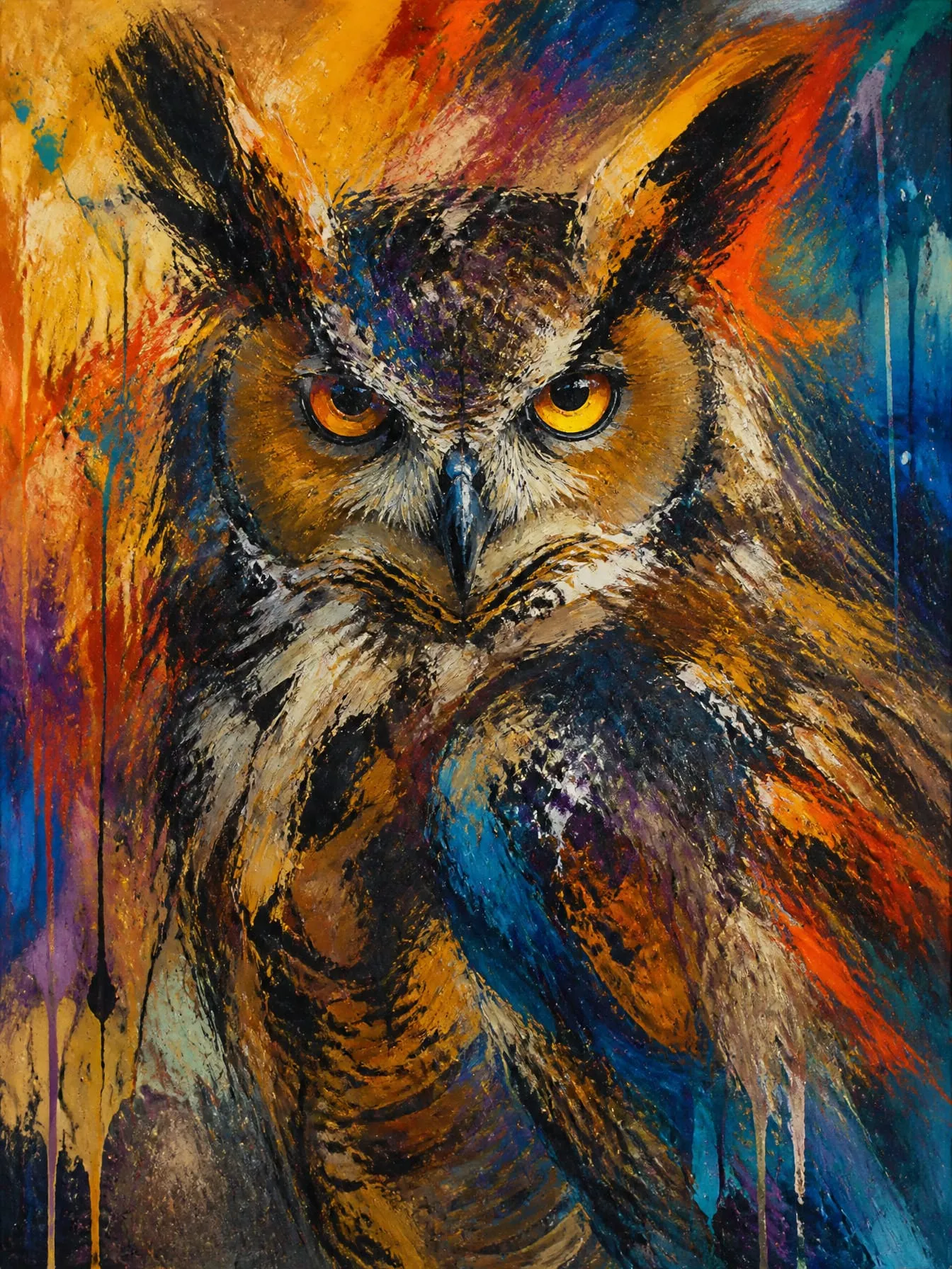 Vibrant abstract painting of an owl with piercing yellow eyes.