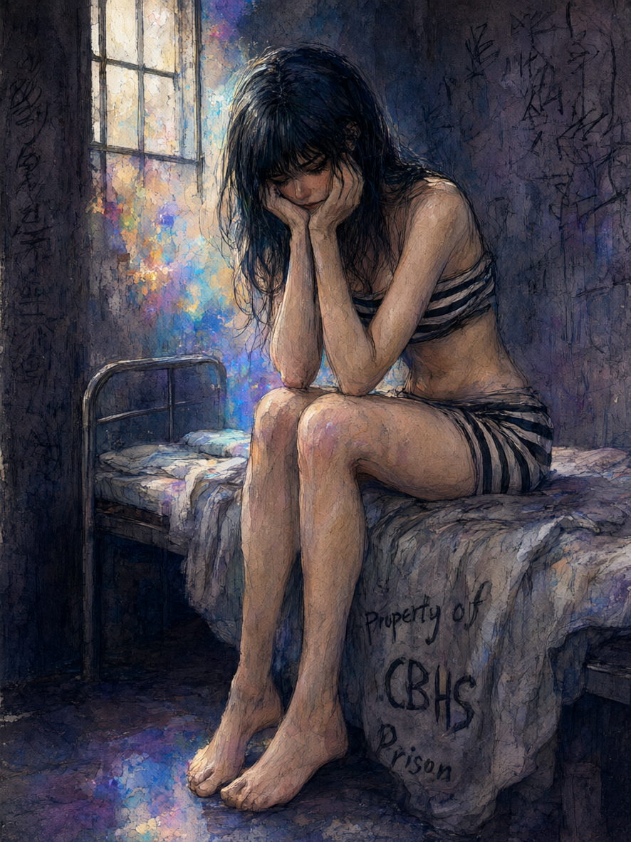 [Somber young woman in striped uniform sits hunched on a prison cell bed, resting her face in her hands by a glowing barre...