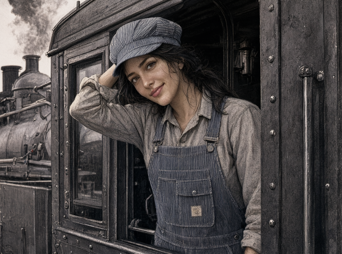 Female steam locomotive engineer leans out of a vintage train cab with a soft smile