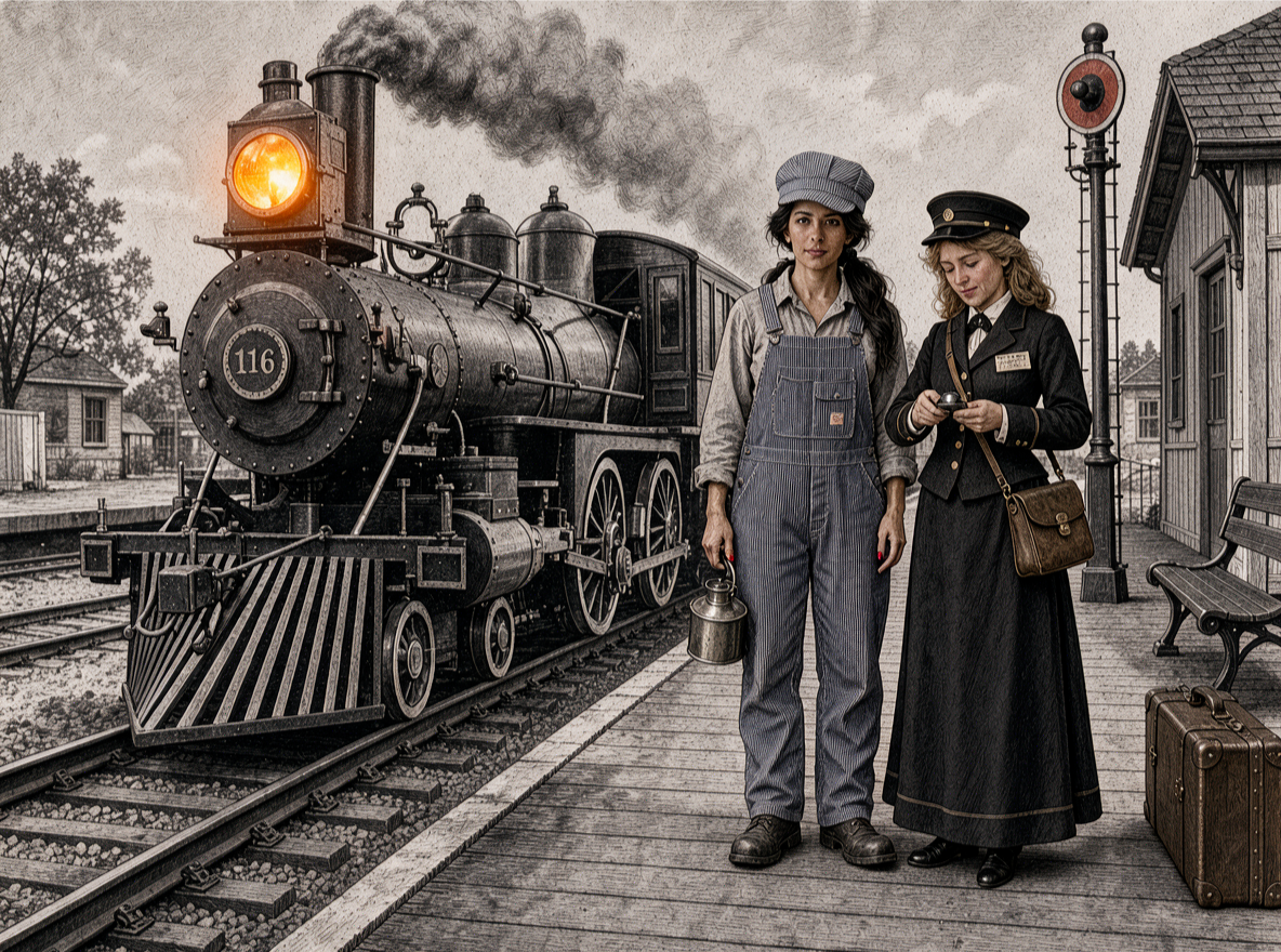 Two female railroad crew stand on a vintage station platform next to an idling steam locomotive