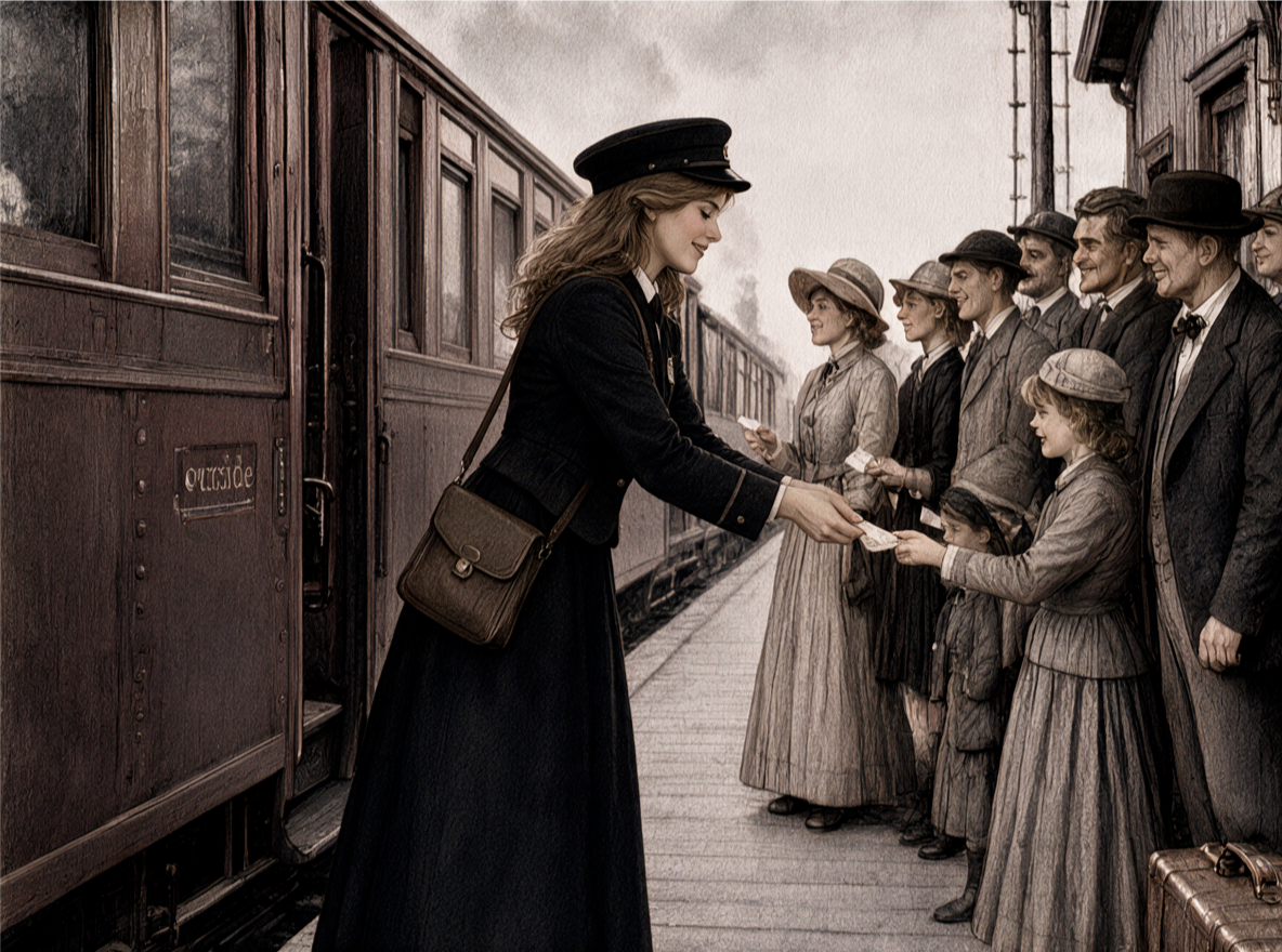 Smiling female vintage train conductor collects tickets from waiting passengers on a historic railway platform