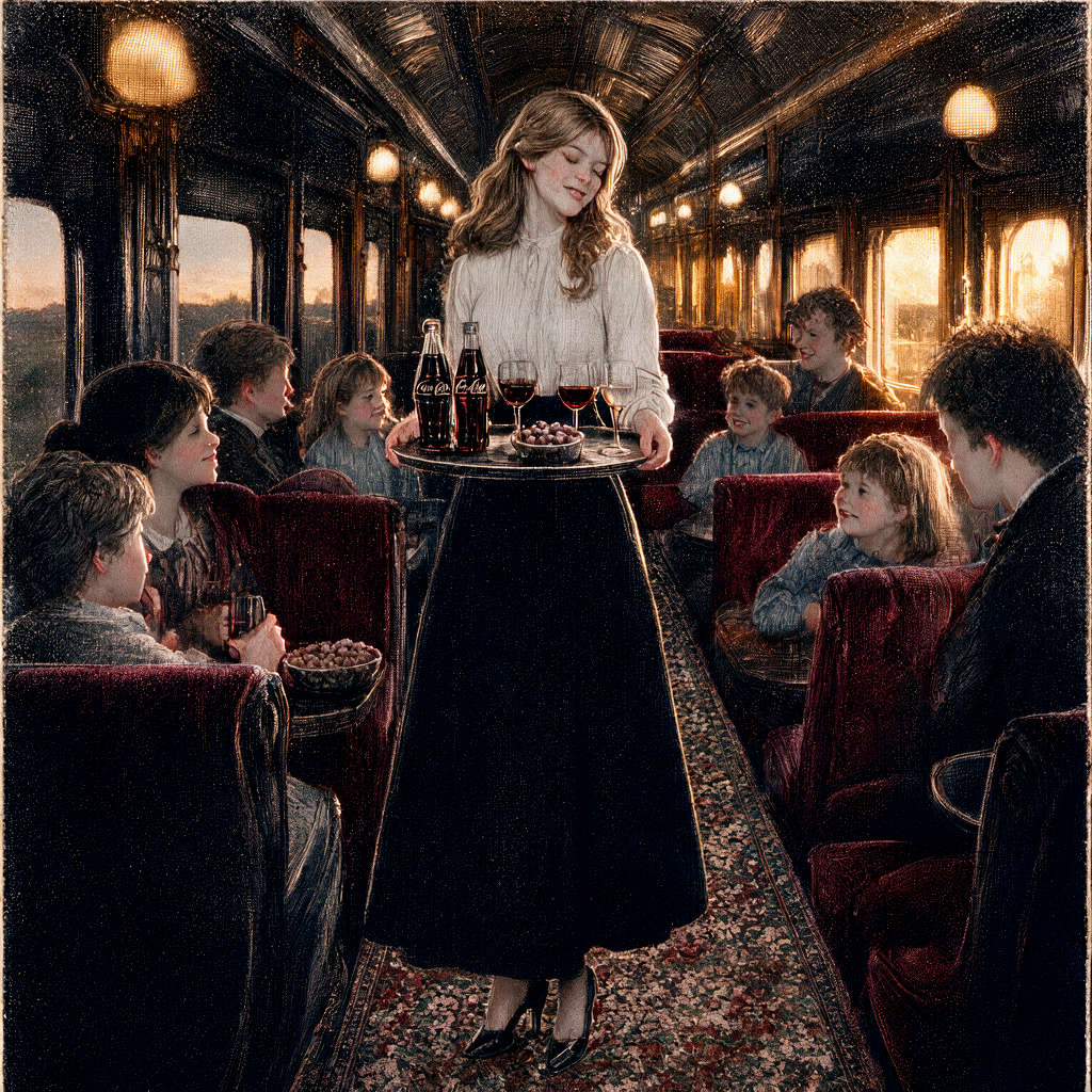 Waitress serving drinks to seated passengers inside a vintage luxury train carriage at sunset