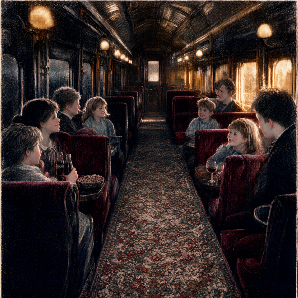 Warm lit vintage train carriage with passengers seated in plush red velvet seats chatting over snacks and drinks