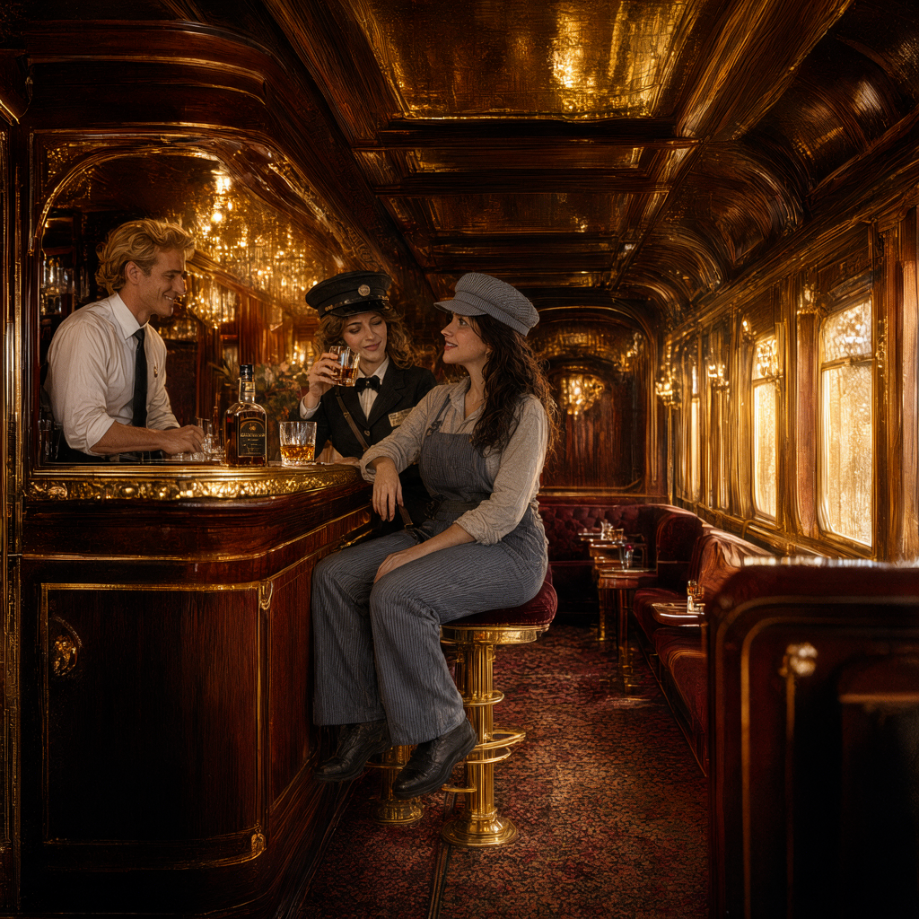 Bartender chats with two women enjoying drinks inside a lavish gilded vintage train bar car