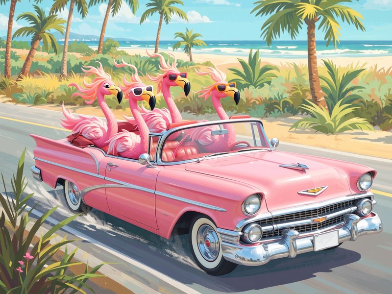 Pink vintage convertible car with flamingos riding along a sunny coastal road.