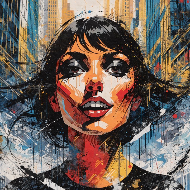 Urban graffiti portrait of a woman with bold colors and splattered background