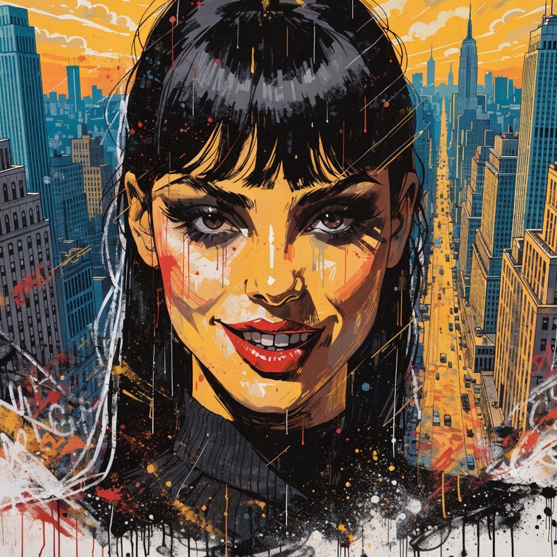 A bold urban portrait of a smiling woman with black hair set against a vibrant city skyline in graffiti style.