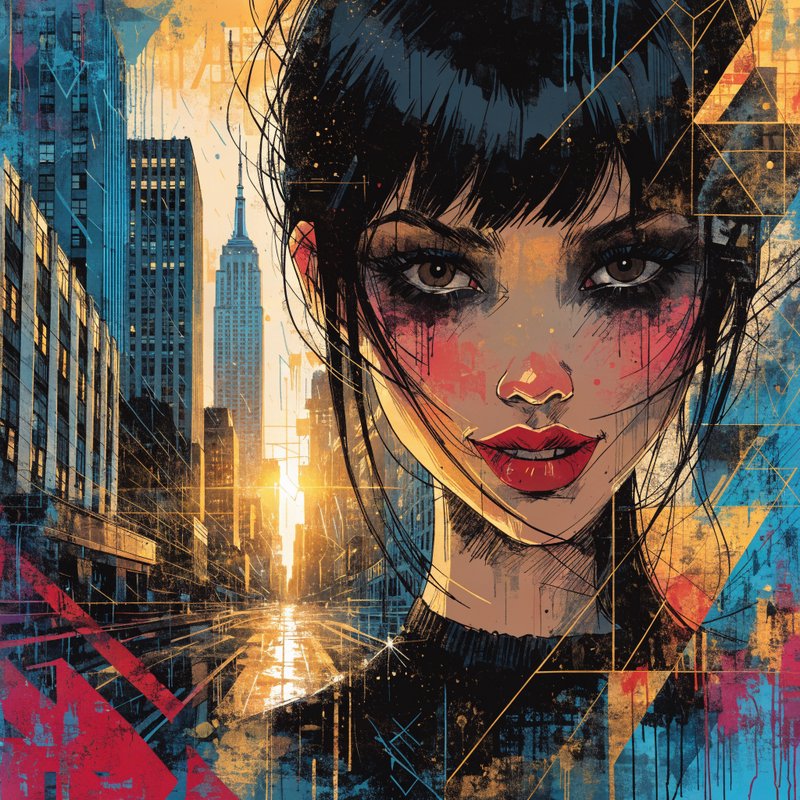 Stylized portrait of a woman with bold makeup against a neon-lit cityscape.