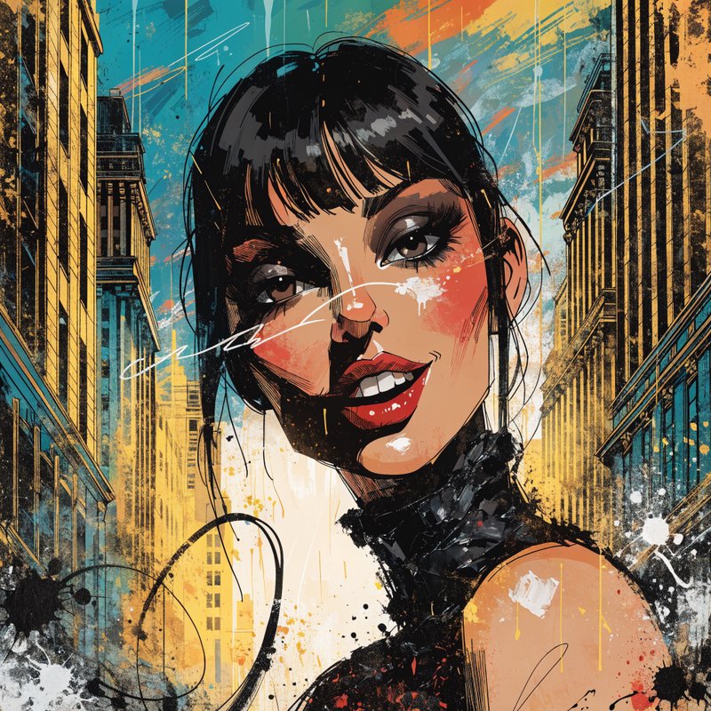 Bold urban portrait of a woman with dark hair and red lips against a graffiti-splashed city street.