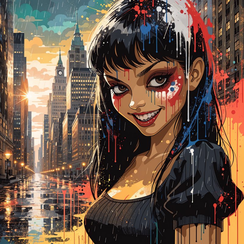 Stylized anime-style woman with paint splatters on her hair and face in a neon-lit rainy city street.