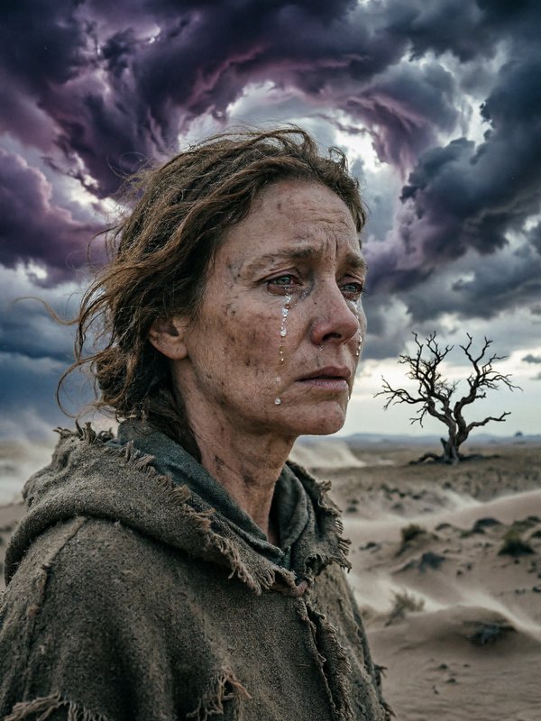 Weathered woman in a torn cloak stands in a desolate desert with dark storm clouds overhead