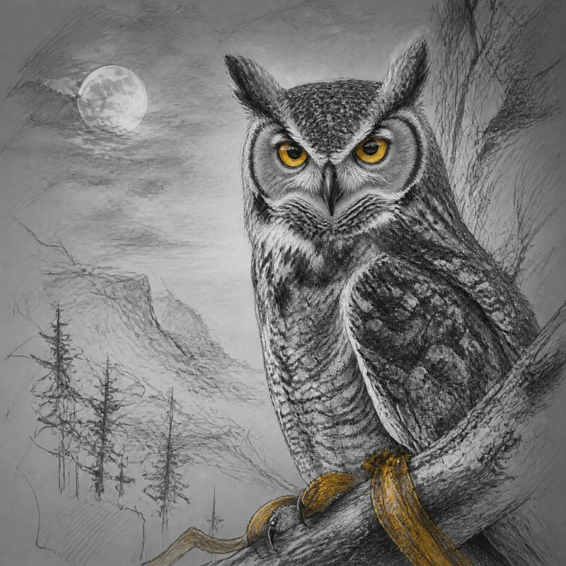 Detailed pencil drawing of an owl perched on a branch under a moonlit landscape.