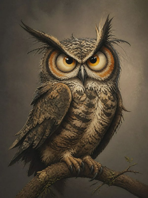 Illustrious owl perched on a branch with piercing amber eyes and dramatic feather detail