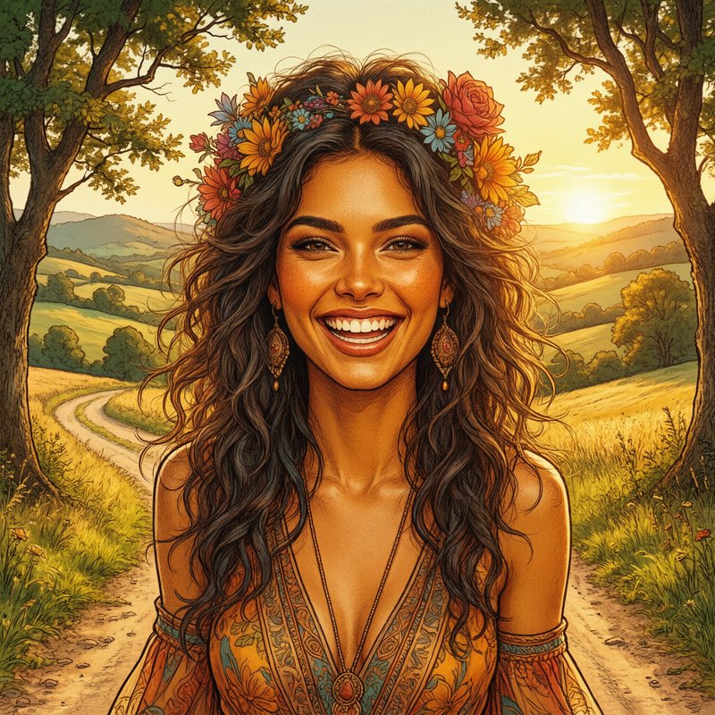 Joyful bohemian woman with a wildflower crown smiling, framed by trees against a golden sunset countryside backdrop