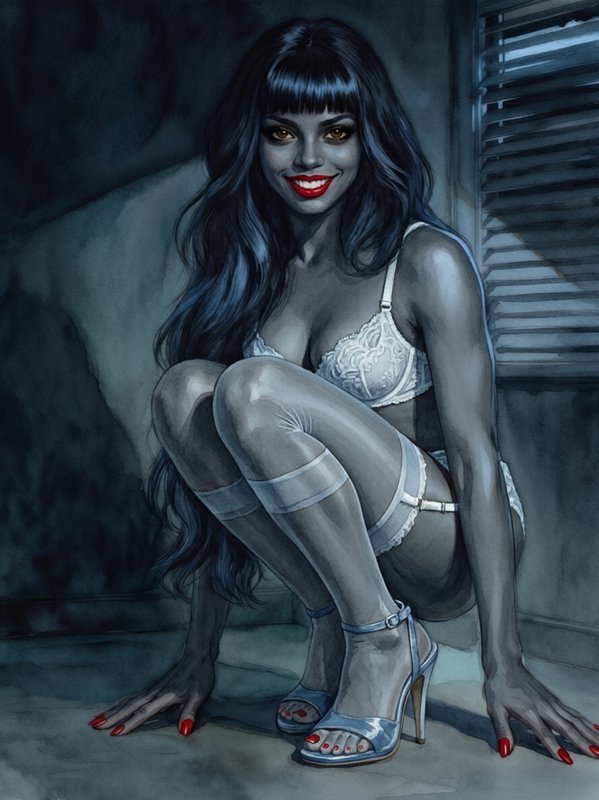 Watercolor illustration of a stylized pin-up woman crouched by a shuttered window, with dark wavy hair, lace lingerie