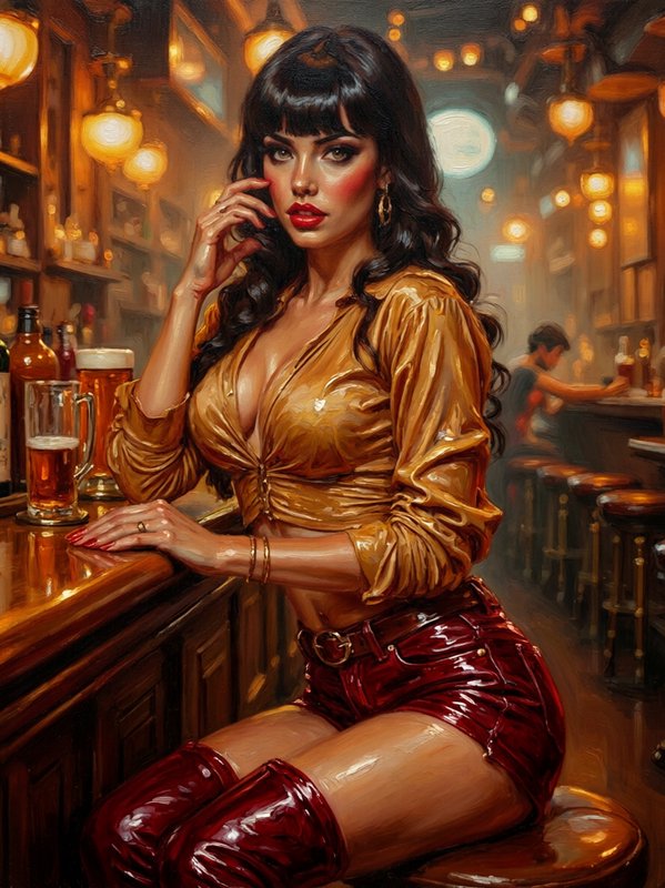 Painterly oil portrait of a glamorous woman seated at a warm vintage pub bar wearing gold top and red leather attire