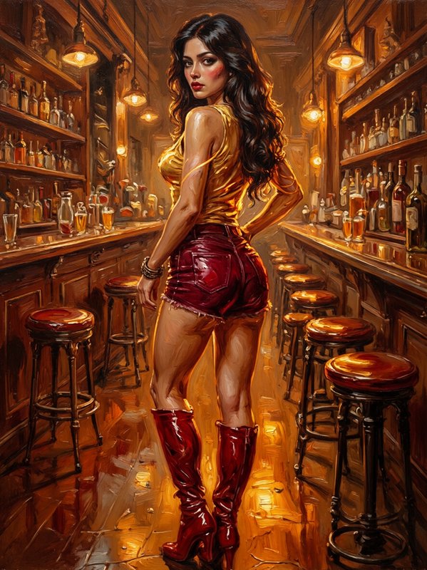 Impressionist oil painting of a stylish woman standing inside a warm vintage wooden bar, looking back at the viewer.
