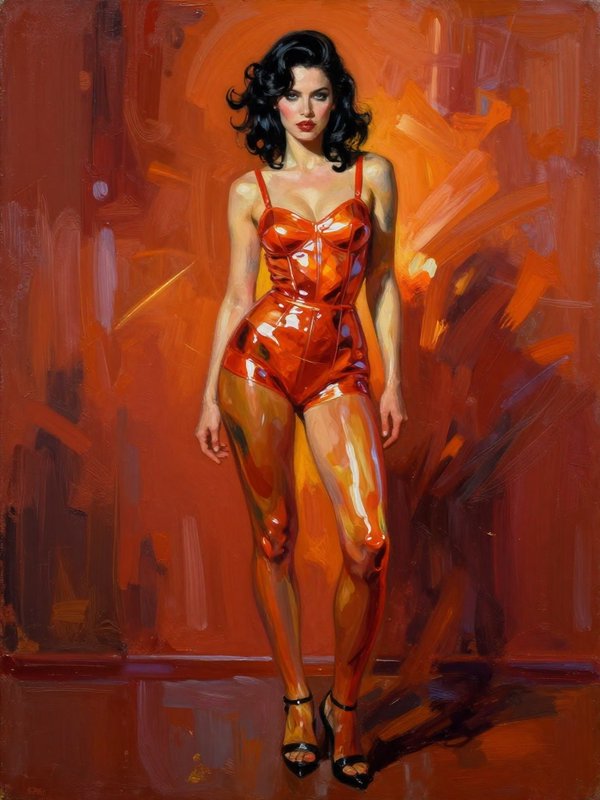 Full length oil portrait of a glamorous retro woman in shiny red latex against a warm burnt orange painterly background