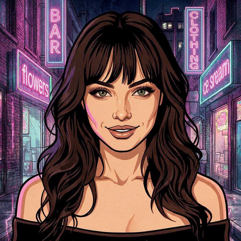 Pop art portrait of a woman with wavy dark bangs, standing in a neon lit city alley at night.