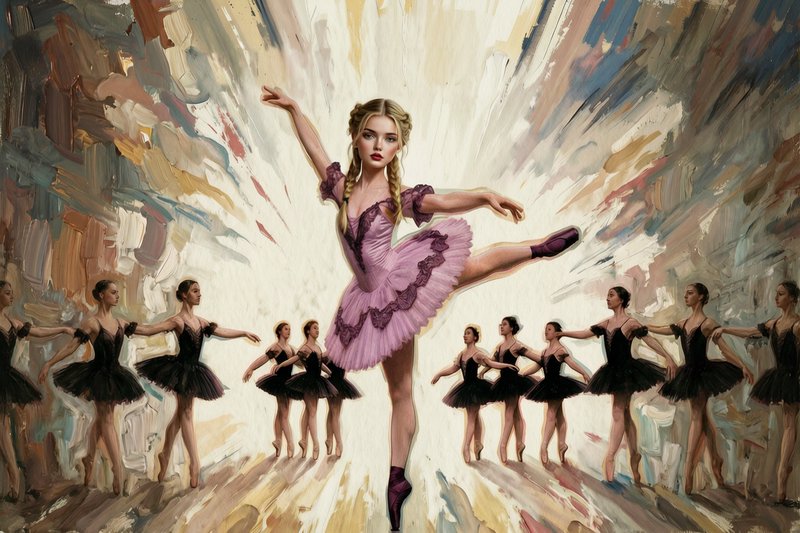 Impressionist oil painting of lead ballerina in pink tutu dancing center, flanked by ballet corps in black tutus on stage