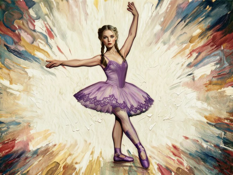 Impasto painting of a young ballerina in a purple lace tutu, posed in a graceful ballet stance against a radiating abstrac...