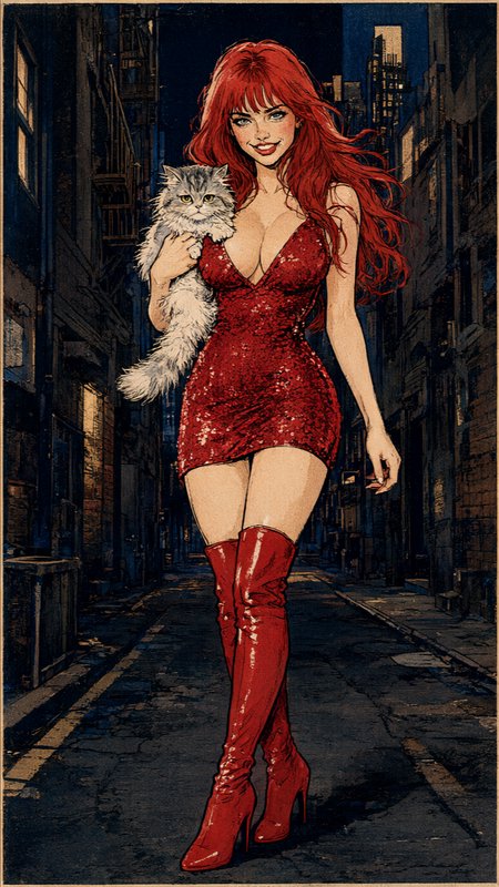 [Comic style illustration of red-haired woman in red sequin dress holding a fluffy cat walking down a night city alley]