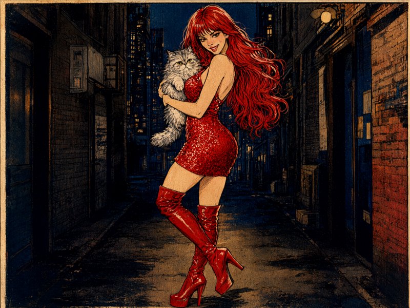 Vintage comic illustration of red-haired woman in red dress holding fluffy cat, standing in dark city alley at night
