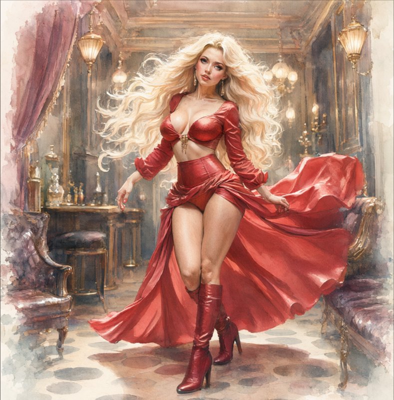 Watercolor portrait of glamorous windswept blonde woman in red satin outfit standing in an opulent vintage gilded lounge.