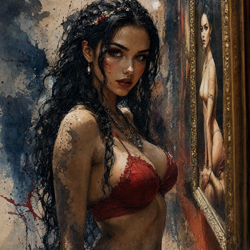 [Textured watercolor portrait of a woman in a red bralette standing beside an ornate gilded mirror showing her side reflec...