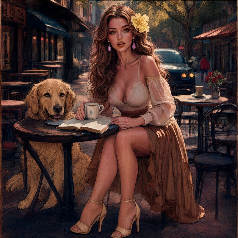 Painterly illustration of elegant woman at outdoor Parisian cafe with her golden retriever, coffee, and open book.