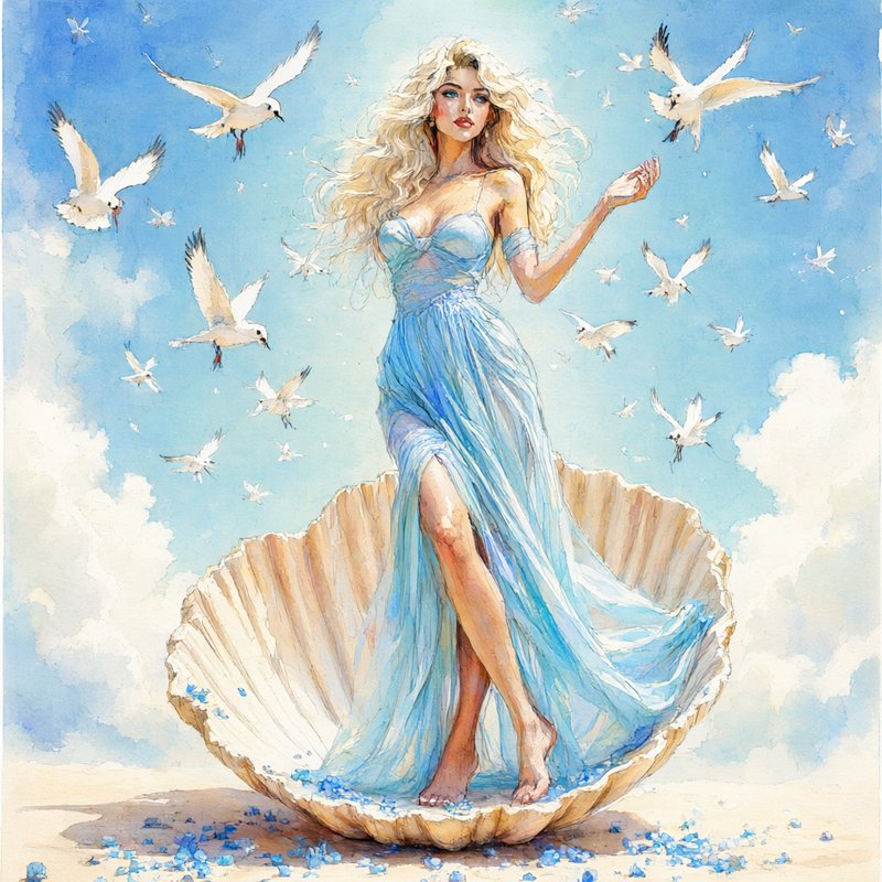 [Watercolor illustration of goddess Aphrodite standing in a giant scallop shell on a beach, surrounded by flying seagulls ...